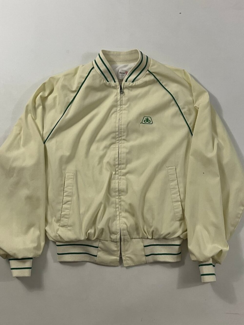 Vintage 80s King Louie Pro Fit Pioneer Seed Corn Cream Green Piped Bomber Jacke…
